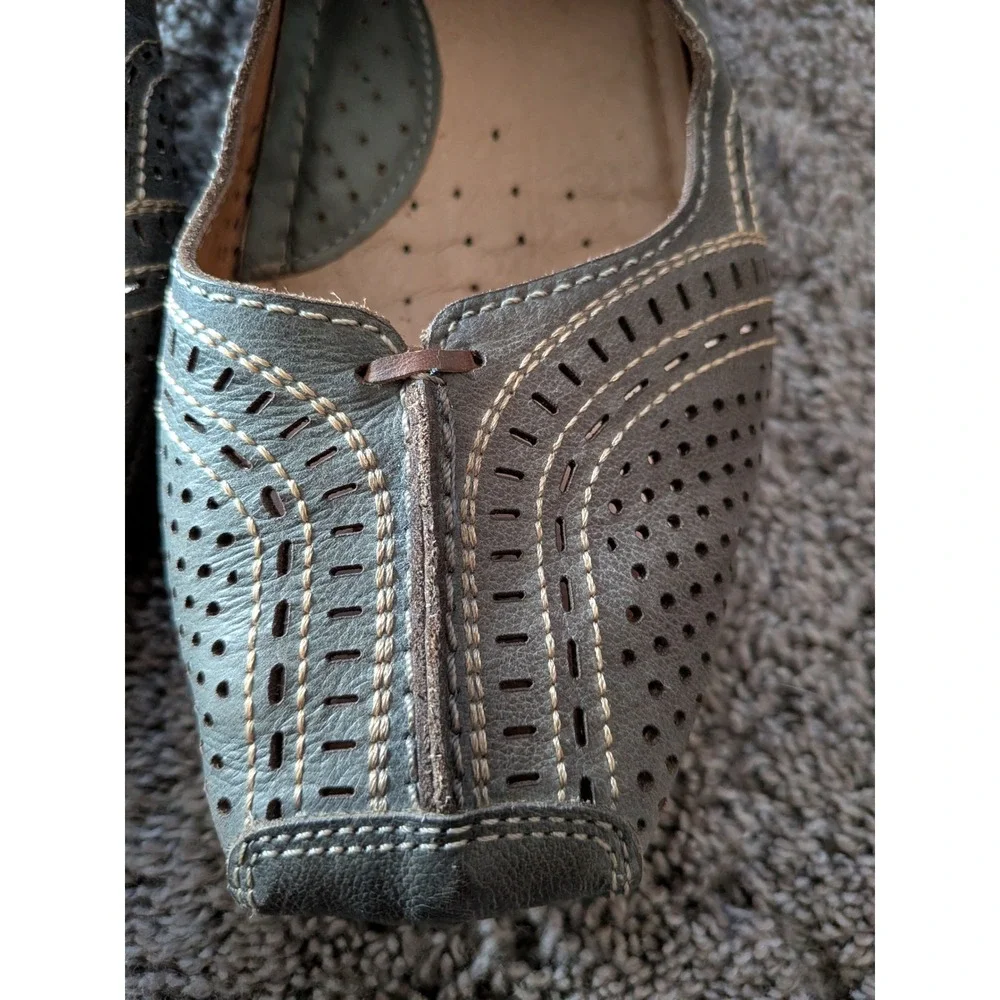 Pikolinos Women Blue Brown Leather Perforated Mary Jane Block Heel Shoes Size 39